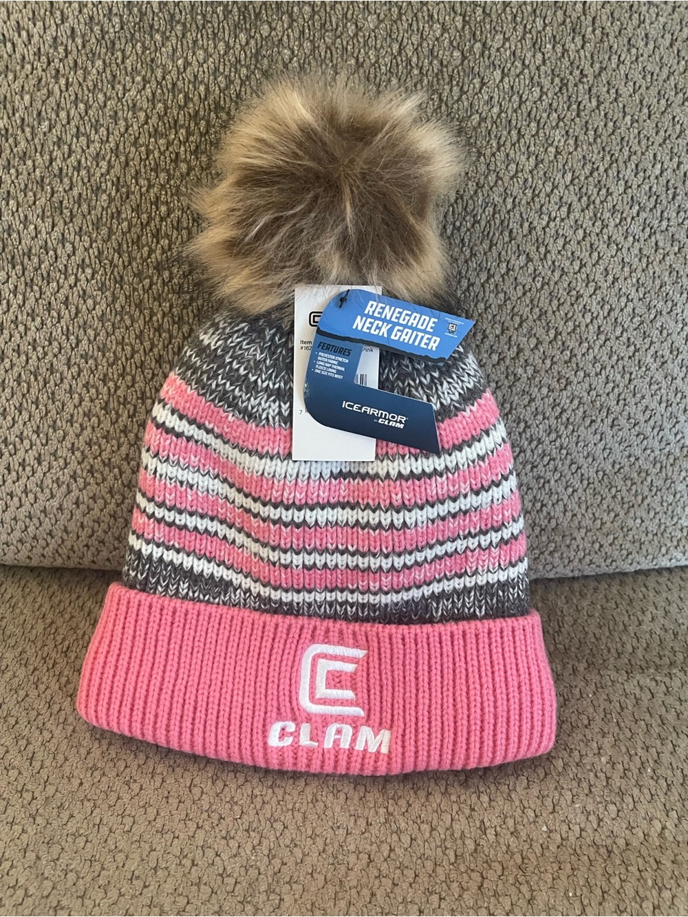 Clam Pink & Gray Striped Pom Beanie -